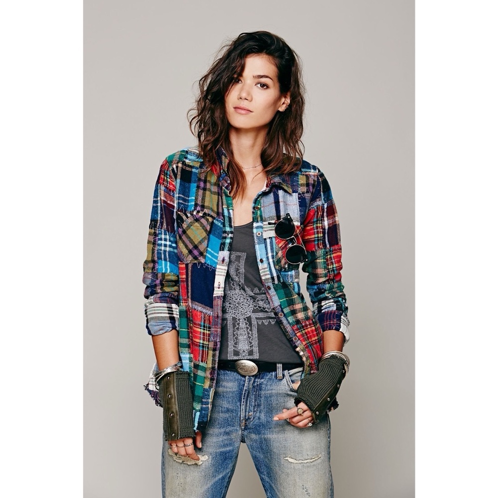 Free People Patched Plaid Buttondown Shirt (XS)